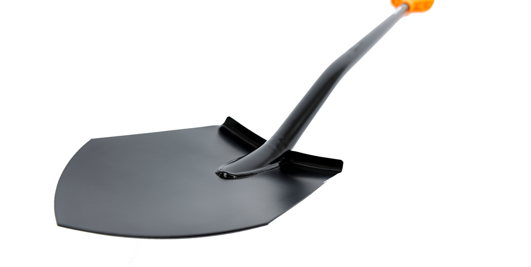 Brand new black metal spade or a shovel isolated over white background. Gardening equipment cut out studio shot.
